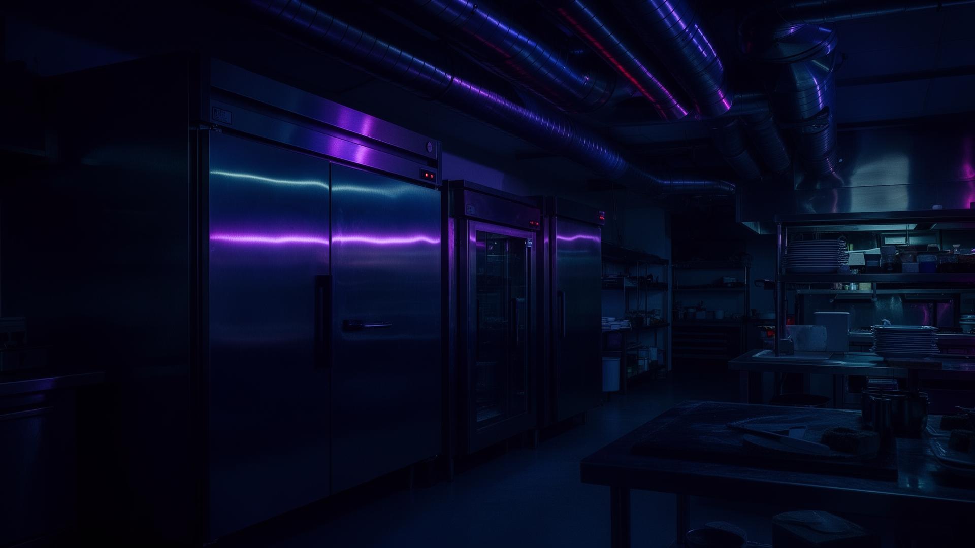 Commercial kitchen at night with refrigeration and HVAC ductwork
